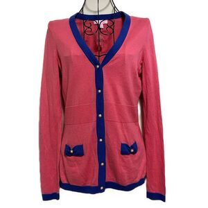 NEW Lilly Pulitzer Women’s Pink V-Neck Sweater Blue Trim, Pearls Size XS